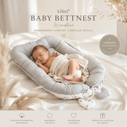 Personalisiertes tiSsi Babynest Sterne Grau/Weiß mit Name – wendbares Babynest als Geschenk zur Geburt