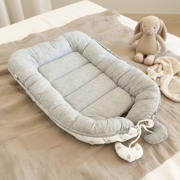Wendbares tiSsi Babynest Grau/Weiß auf einem Bett – Produktansicht