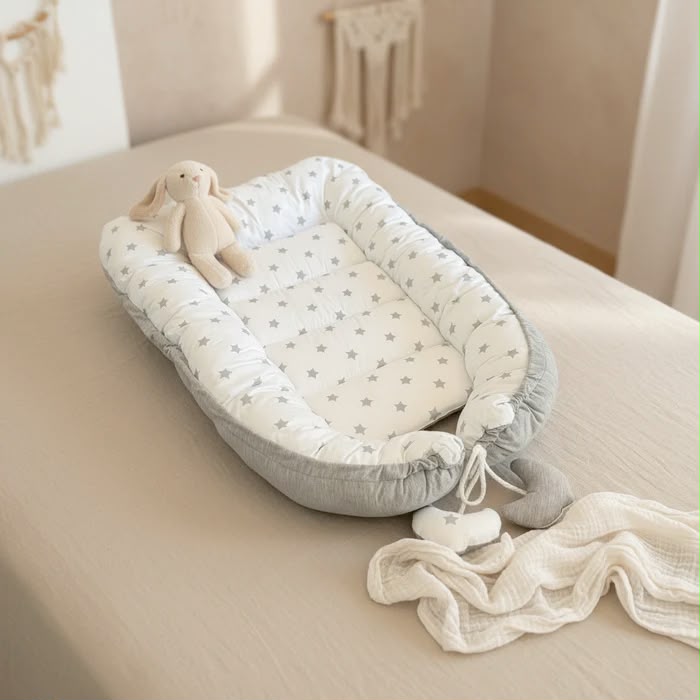 tiSsi Babynest Grau/Weiß mit Sternenmuster – wendbare Produktansicht