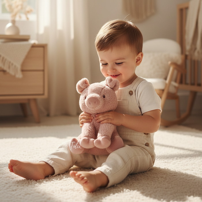 Glücksschwein als weiches Kuscheltier mit Name für Babys und Kinder