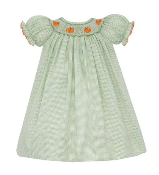 Petit Bebe Pumpkin Girl's Green Check Bishop Dress
