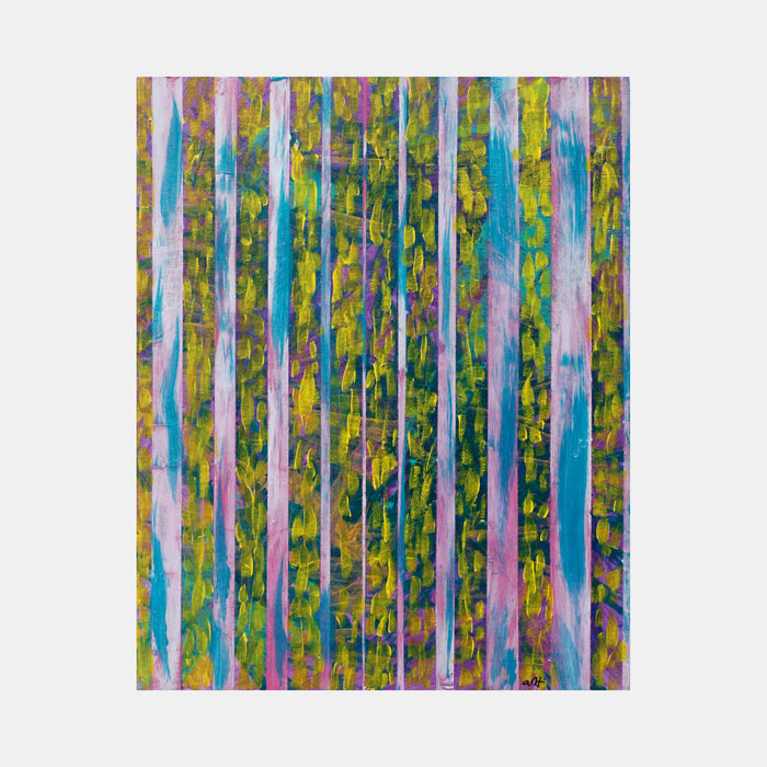 The artwork 'Pink Blue White and Yellow Stripes' by Aaron Hillebrand features vibrant vertical stripes in turquoise, pink, white, and yellow hues against a textured green background. The acrylic painting on art board creates a dynamic pattern with fluid brushstrokes and layered colors, suggesting movement and depth in its 14x9 inch composition.