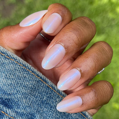 Pink Goldfish | Oval | Medium soft pink iridescent press on nails in medium oval shape for easy at-home manicure
