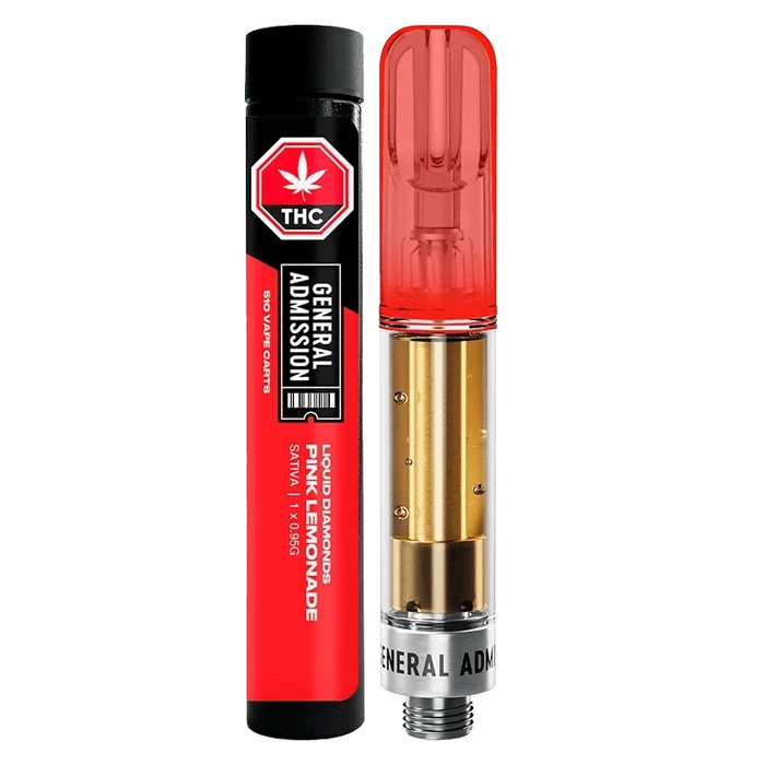 Straight-on product shot of a Pink Lemonade Liquid Diamond Vape Cartridge standing beside its red General Admission tube, showing the transparent red mouthpiece and gold cartridge chamber.