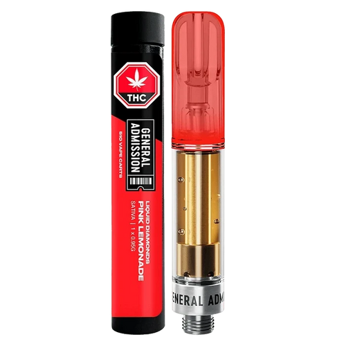 Straight-on product shot of a Pink Lemonade Liquid Diamond Vape Cartridge standing beside its red General Admission tube, showing the transparent red mouthpiece and gold cartridge chamber.