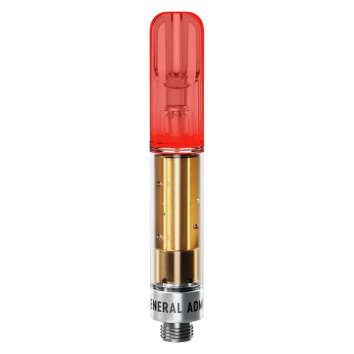 Vertical front view of a Pink Lemonade Liquid Diamond Vape Cartridge with a translucent red mouthpiece, visible gold chamber and threaded metal base.