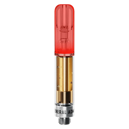 Vertical front view of a Pink Lemonade Liquid Diamond Vape Cartridge with a translucent red mouthpiece, visible gold chamber and threaded metal base.