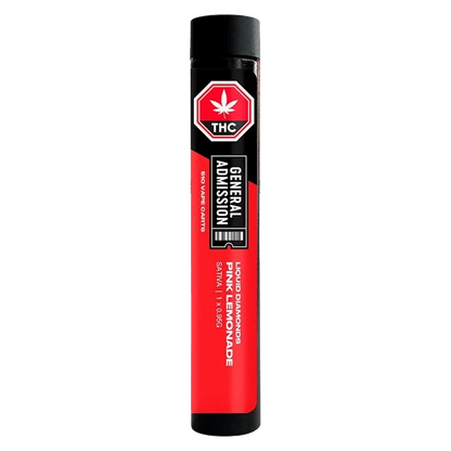 Straight-on view of a tall red and black tube labeled Pink Lemonade Liquid Diamond Vape Cartridge with a THC logo and "General Admission" badge.