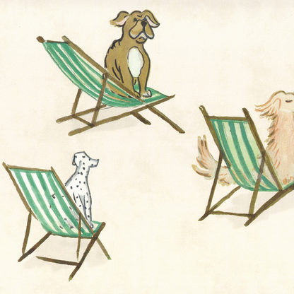 Pippa Sand wallpaper with playful dog illustrations lounging on green and white striped deck chairs, customizable design