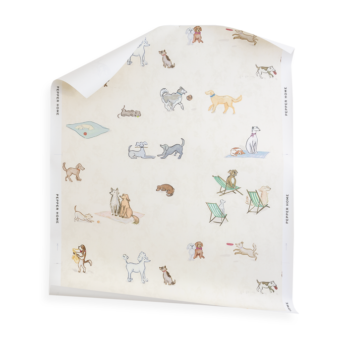 Pippa Sand wallpaper with playful dog illustrations and subtle sand-colored background for a cheerful, soft look