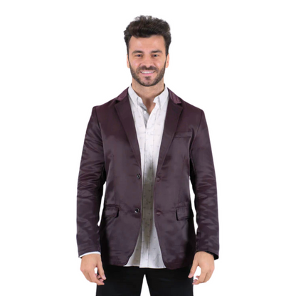Platini men’s plum blazer with notch lapels, two-button front and flap pockets