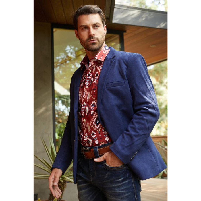 Platini men’s Navy Blue faux suede blazer – front view on model