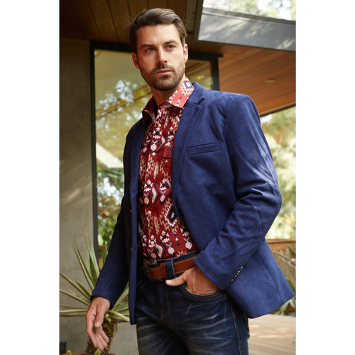 Platini men’s Navy Blue faux suede blazer – front view on model