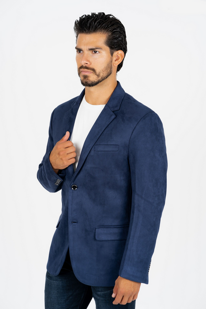 Platini men’s Navy Blue faux suede blazer – side profile view on model