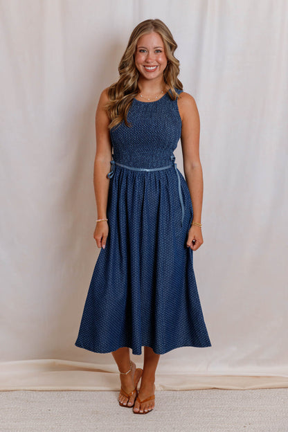 Denim Polka Dot Midi Dress- Women's Smocked Blue Midi Dress- Sleeveless Denim Dress With Ribbon Ties