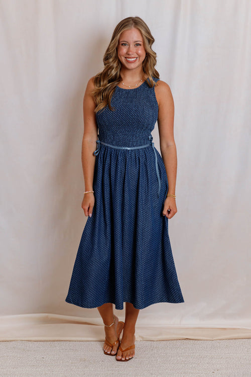 Denim Polka Dot Midi Dress- Women's Smocked Blue Midi Dress- Sleeveless Denim Dress With Ribbon Ties
