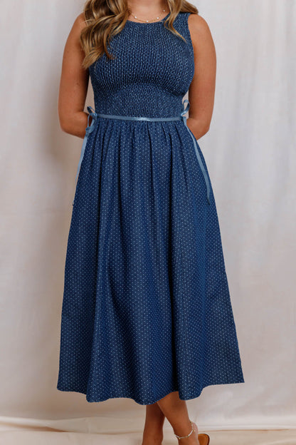 Denim Polka Dot Midi Dress- Women's Smocked Blue Midi Dress- Sleeveless Denim Dress With Ribbon Ties