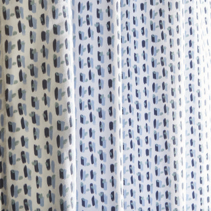 Poppy Blue Printed Cotton Curtain with blue abstract pattern, made-to-order in the USA with short lead times.