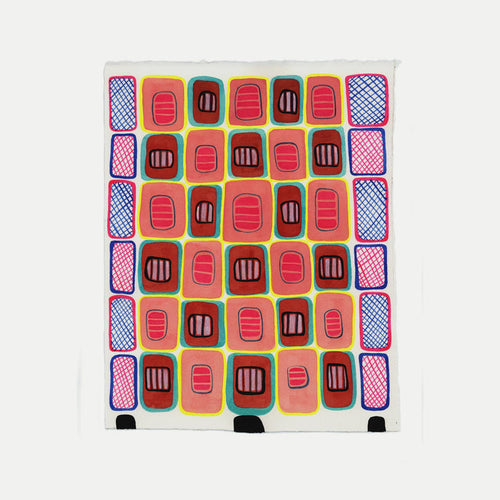 The artwork 'PPR258' by Max Manning features a vibrant geometric pattern with repeating rectangles in pink, brown, and blue, arranged in a grid formation. Each rectangle contains abstract linear designs, bordered by turquoise and yellow outlines, creating a rhythmic composition in watercolor, ink and gouache on Arches paper.