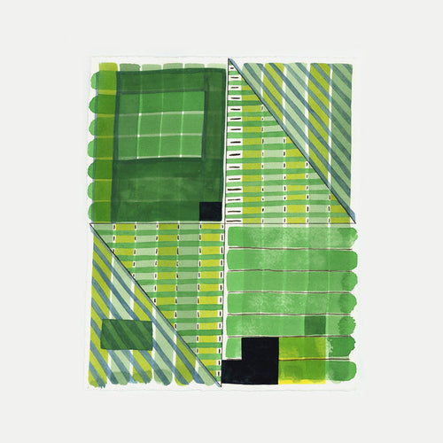 The artwork 'PPR260' by Max Manning features geometric patterns in varying shades of green, combining solid blocks and diagonal stripes. Watercolor and ink create a modern abstract composition with crisp linear elements and translucent layers. Black accents punctuate the vibrant green palette, with delicate white linear details throughout the squared composition.