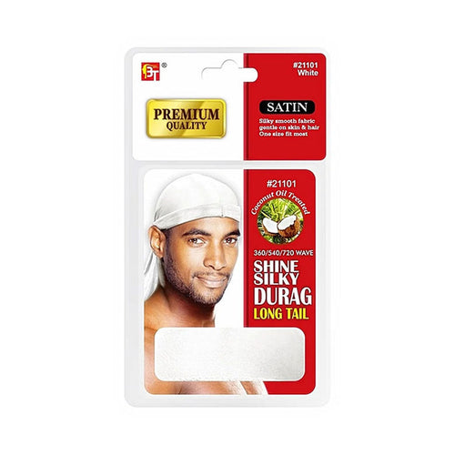 Premium Quality Coconut Oil Treated Shine Silky Durag With Long Tail #21101 [White]