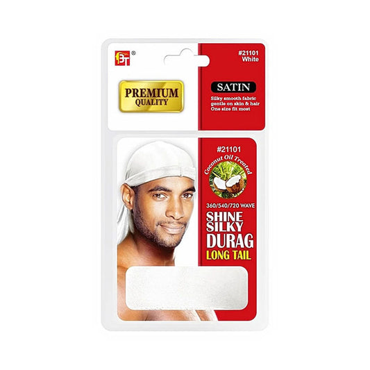Premium Quality Coconut Oil Treated Shine Silky Durag With Long Tail #21101 [White]