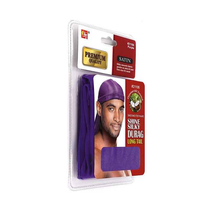 Premium Quality Coconut Oil Treated Shine Silky Durag With Long Tail #21106 [Purple]