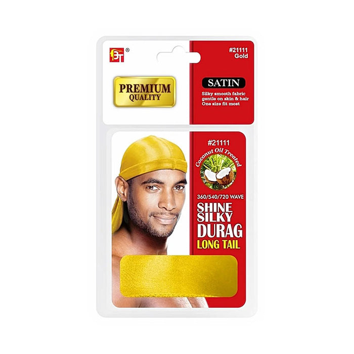 Beauty Town satin long tail durag packaging showing man wearing gold silky durag for waves