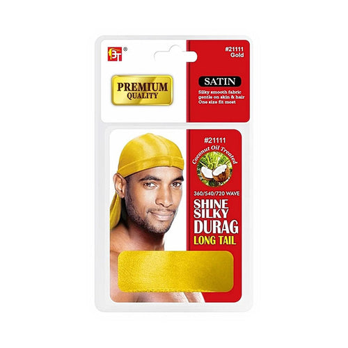 Beauty Town satin long tail durag packaging showing man wearing gold silky durag for waves