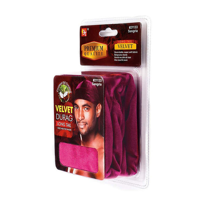 Premium Quality Coconut Oil Treated Velvet Durag With Long Tail #21133 [Sangria]