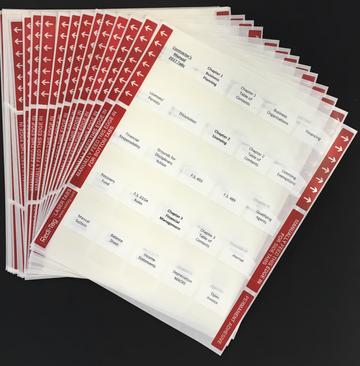 Set of clear preprinted tabs with red side labels and black text for Florida Residential Pool Contractor trade book organization