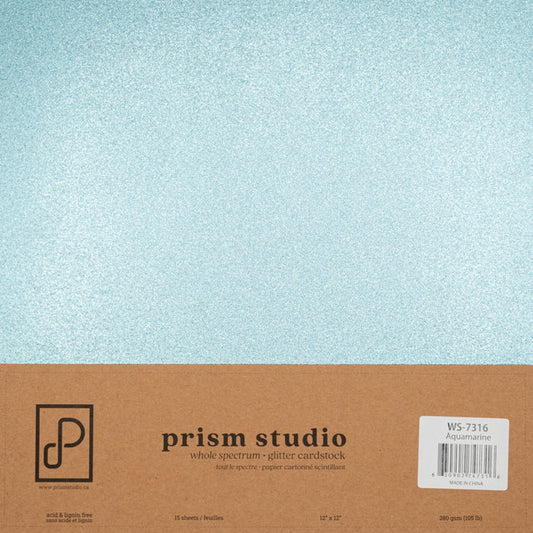 Prism Studio - 12X12 Whole Spectrum Glitter Cardstock - Aquamarine (15 sheets). Heavyweight, 103.4lb (280 gsm) Sparkle and elegance to your projects. For crafting, scrapbooking, invitations, and DIY. At Embellish Away in Ontario Canada.