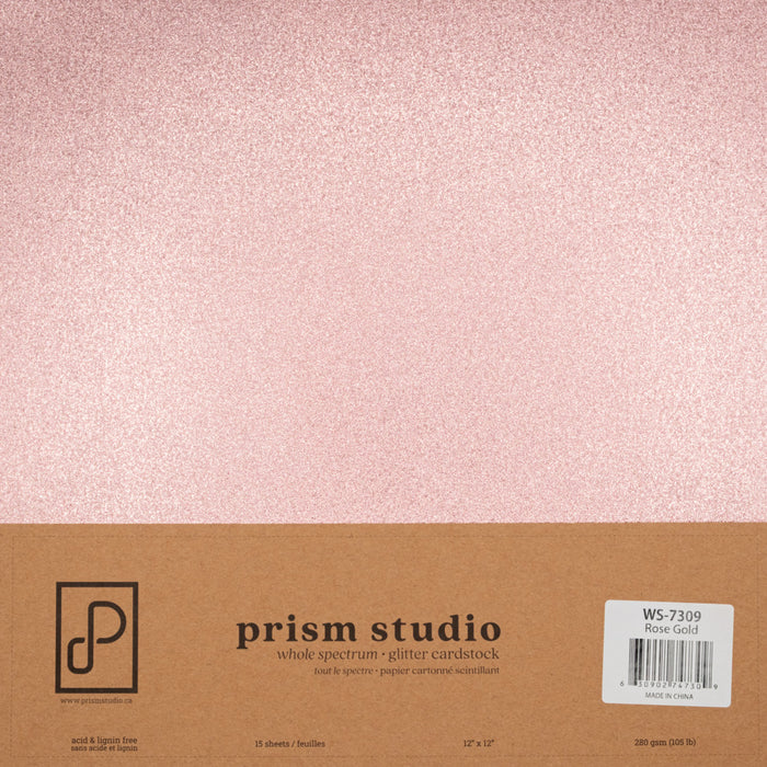 Prism Studio - 12X12 Whole Spectrum Glitter Cardstock - Rose Gold (15 sheets). Heavyweight, 103.4lb (280 gsm) Sparkle and elegance to your projects. For crafting, scrapbooking, invitations, and DIY. At Embellish Away in Ontario Canada.