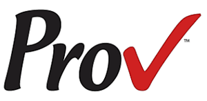 ProV logo with black modern script text and distinctive red checkmark on a clean white background
