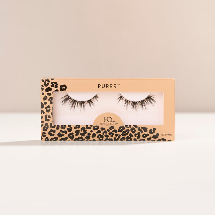 Purrr a flared, medium-length lash with a clustered design and wispy fibers for a lash cluster-inspired look.