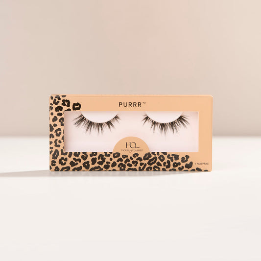 Purrr a flared, medium-length lash with a clustered design and wispy fibers for a lash cluster-inspired look.