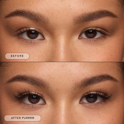 Before and after of a model wearing Purrr lashes.