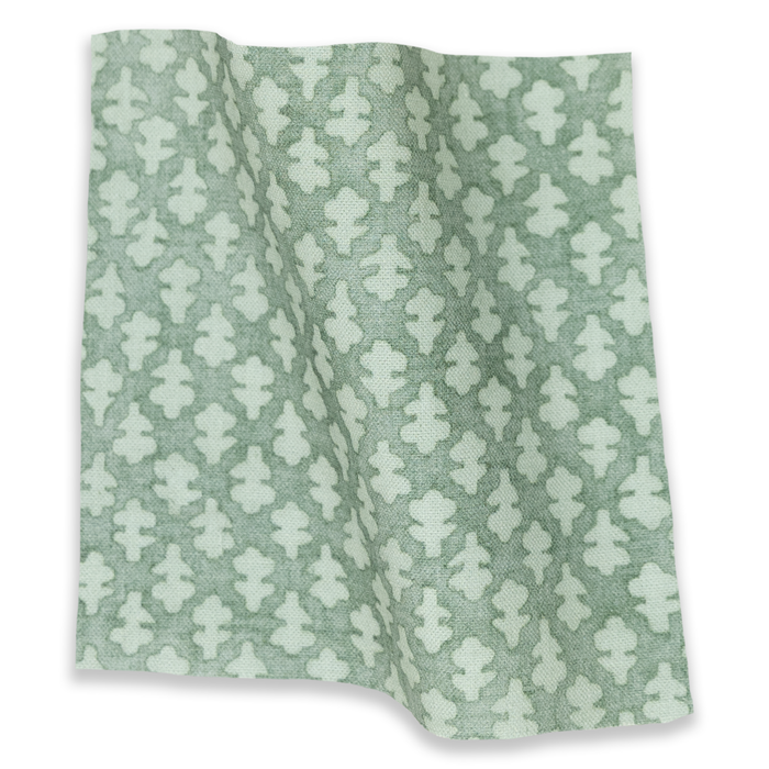 Quinn Celadon curtain fabric in a soft green geometric pattern, made to order in the USA with short lead times