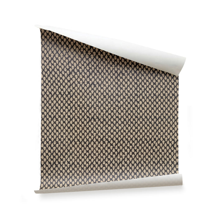 Quinn Charcoal wallpaper with a repeating geometric pattern, made to order in the USA with short lead times