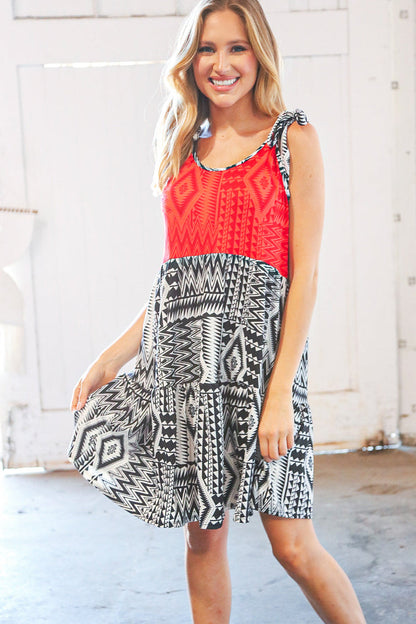 Red/Black  Shoulder Tie Knot Tiered Dress
