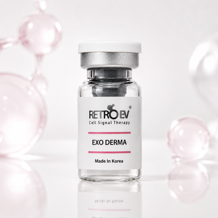 Vial labeled 'Retroev Exo Derma' on a light background with pink bubbles.