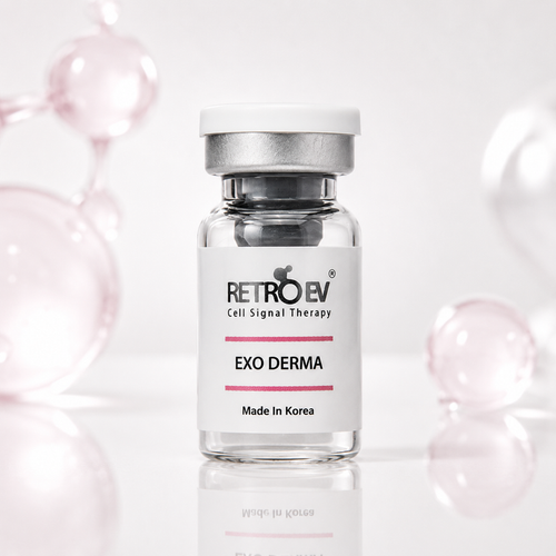 Vial labeled 'Retroev Exo Derma' on a light background with pink bubbles.