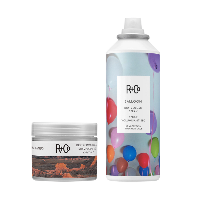 R+Co hair care products with colorful balloon design on spray can
