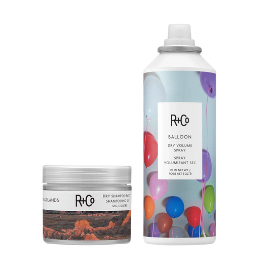 R+Co hair care products with colorful balloon design on spray can
