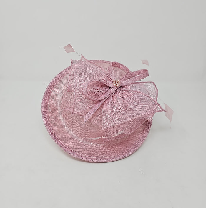 Rose Pink Feather & Bow Round Disc Fascinator