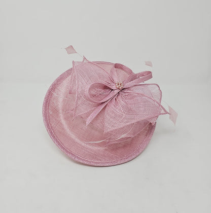 Rose Pink Feather & Bow Round Disc Fascinator