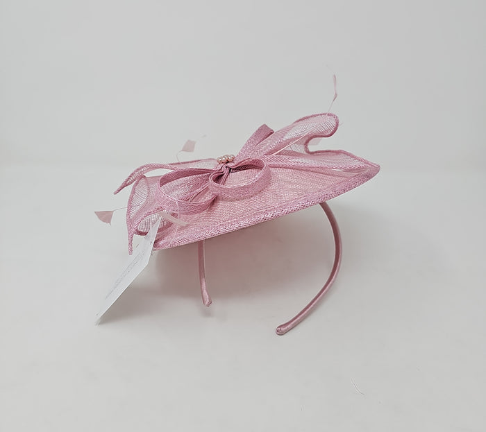Rose Pink Feather & Bow Round Disc Fascinator