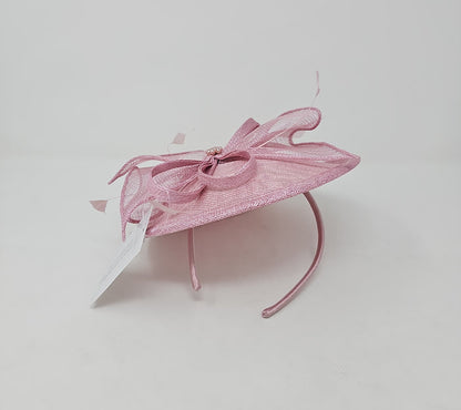 Rose Pink Feather & Bow Round Disc Fascinator