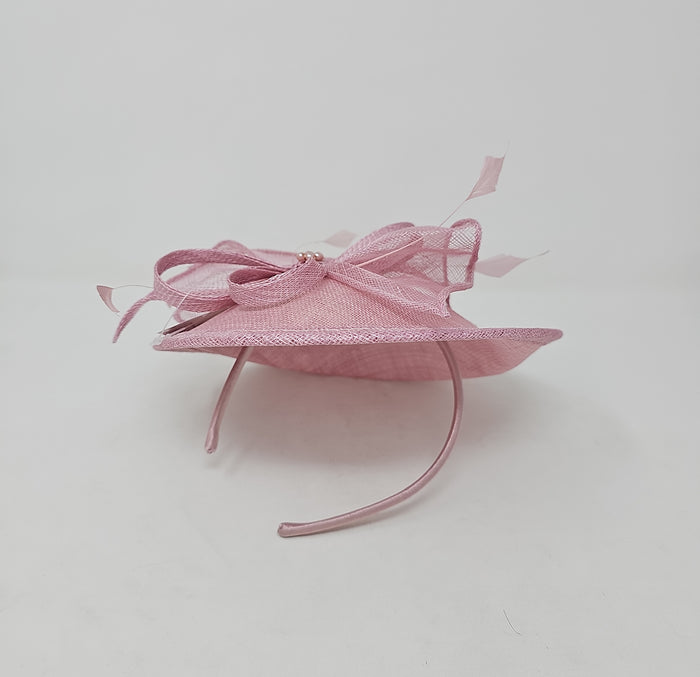 Rose Pink Feather & Bow Round Disc Fascinator