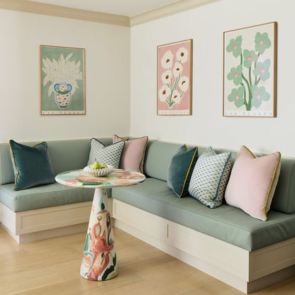 Rose Velvet made-to-order plush pillows in soft pink paired with custom cushions on banquette, made in the USA fast delivery